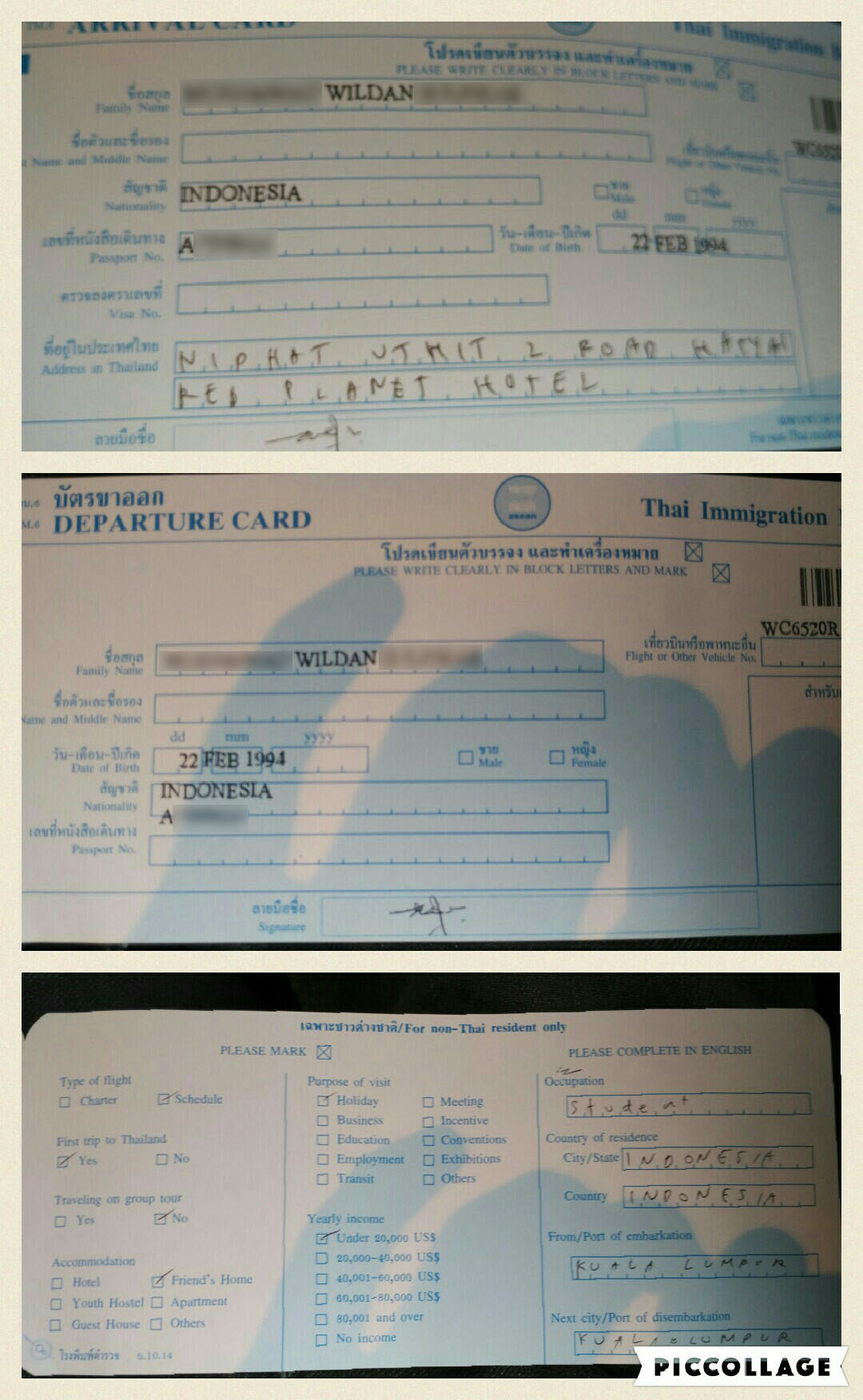 Thailand Immigration Departure Card